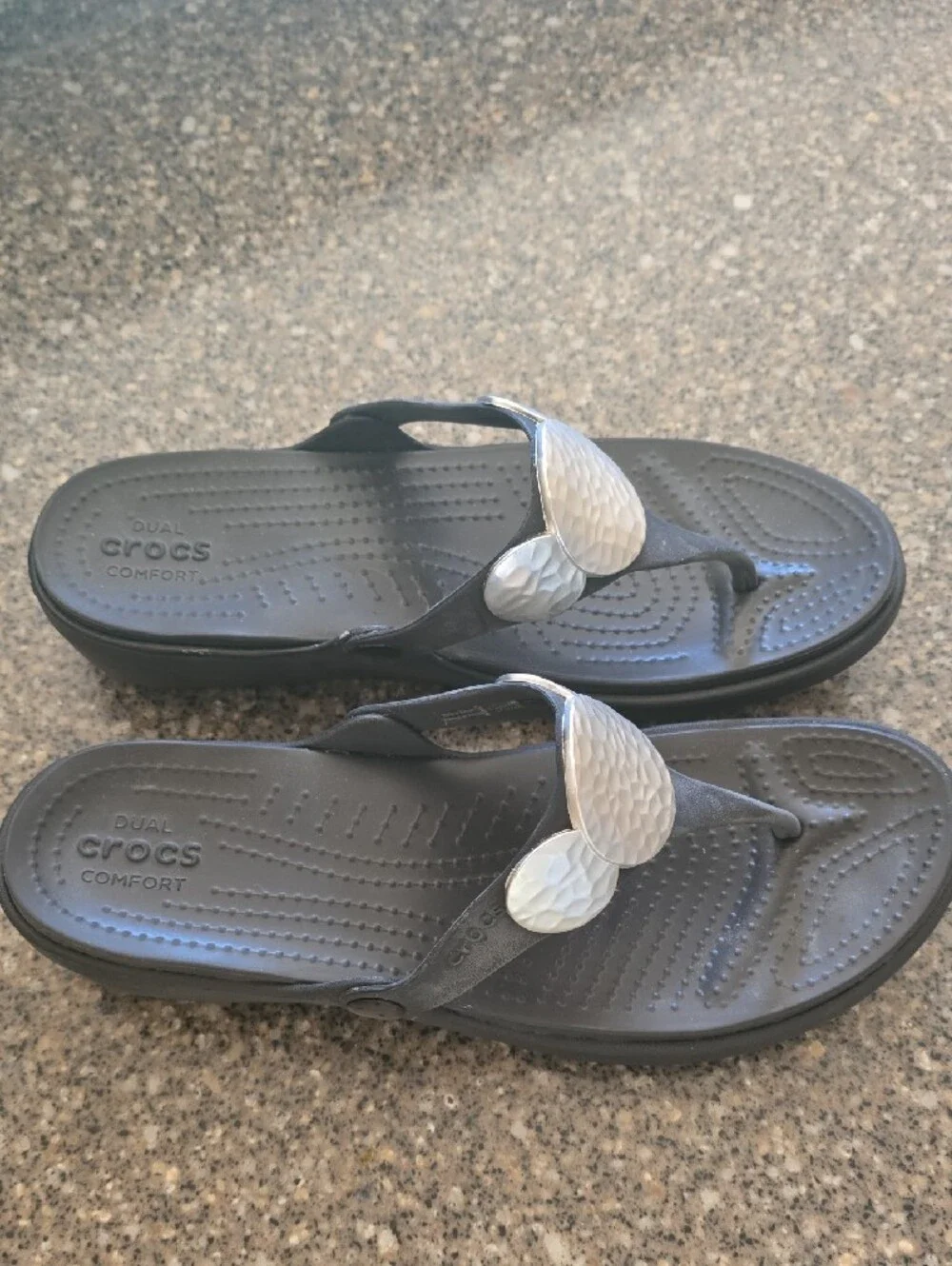 CROCS Black Thong Sandals with Hammered Silver Discs